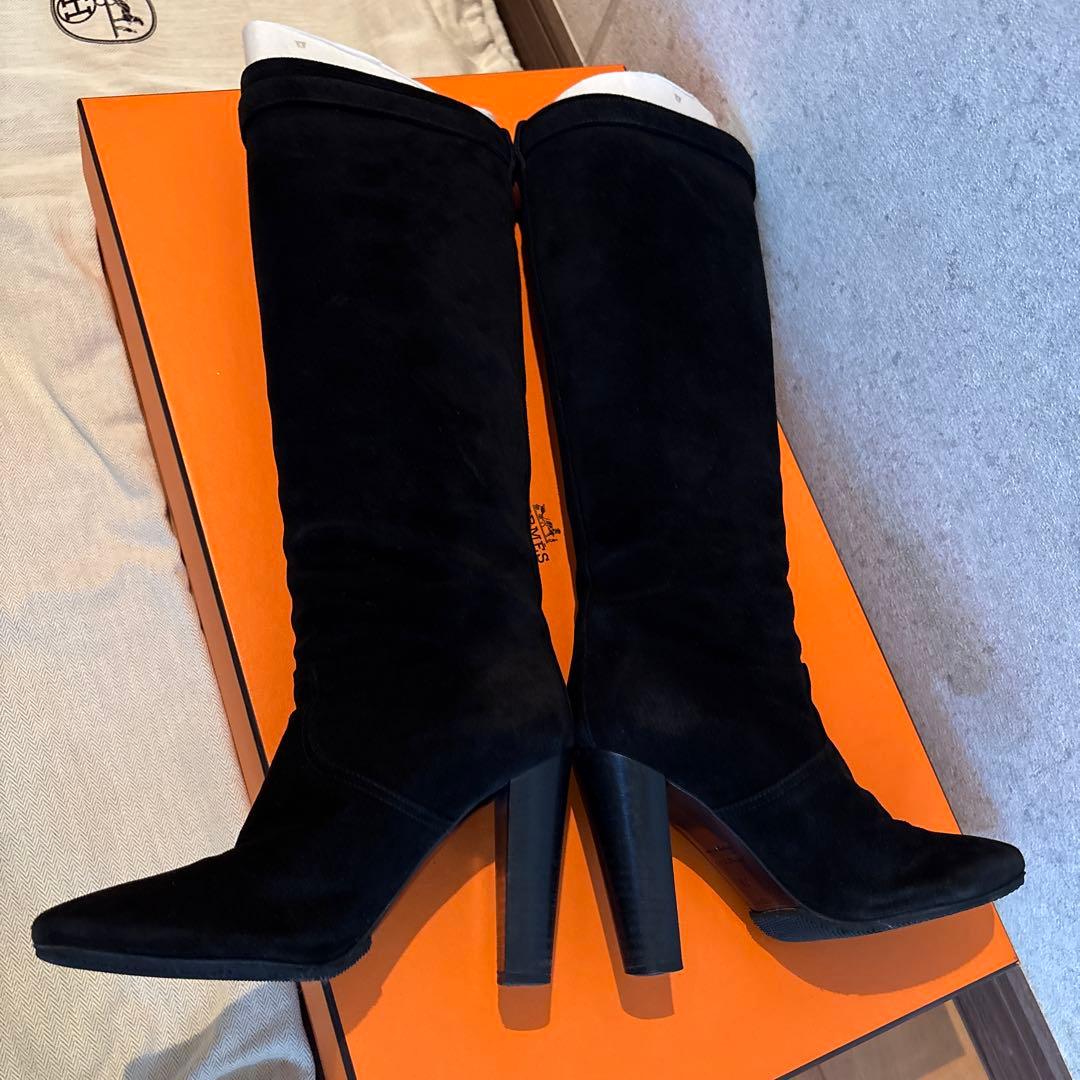SALE 箱 袋 リボン付【美品】✨エルメス　ロング　ブーツ　スエード✨ブラック