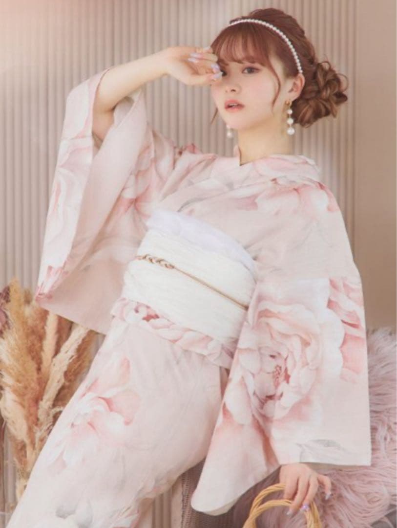 花柄ピンク浴衣 下駄 帯付き