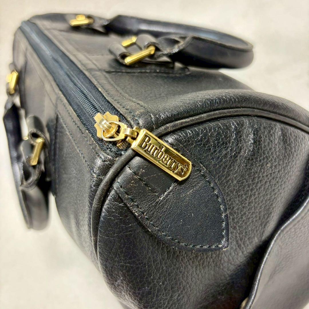 【美品✨】バーバリー ミニボストンバッグ ノバチェック ホースロゴ レザー 黒