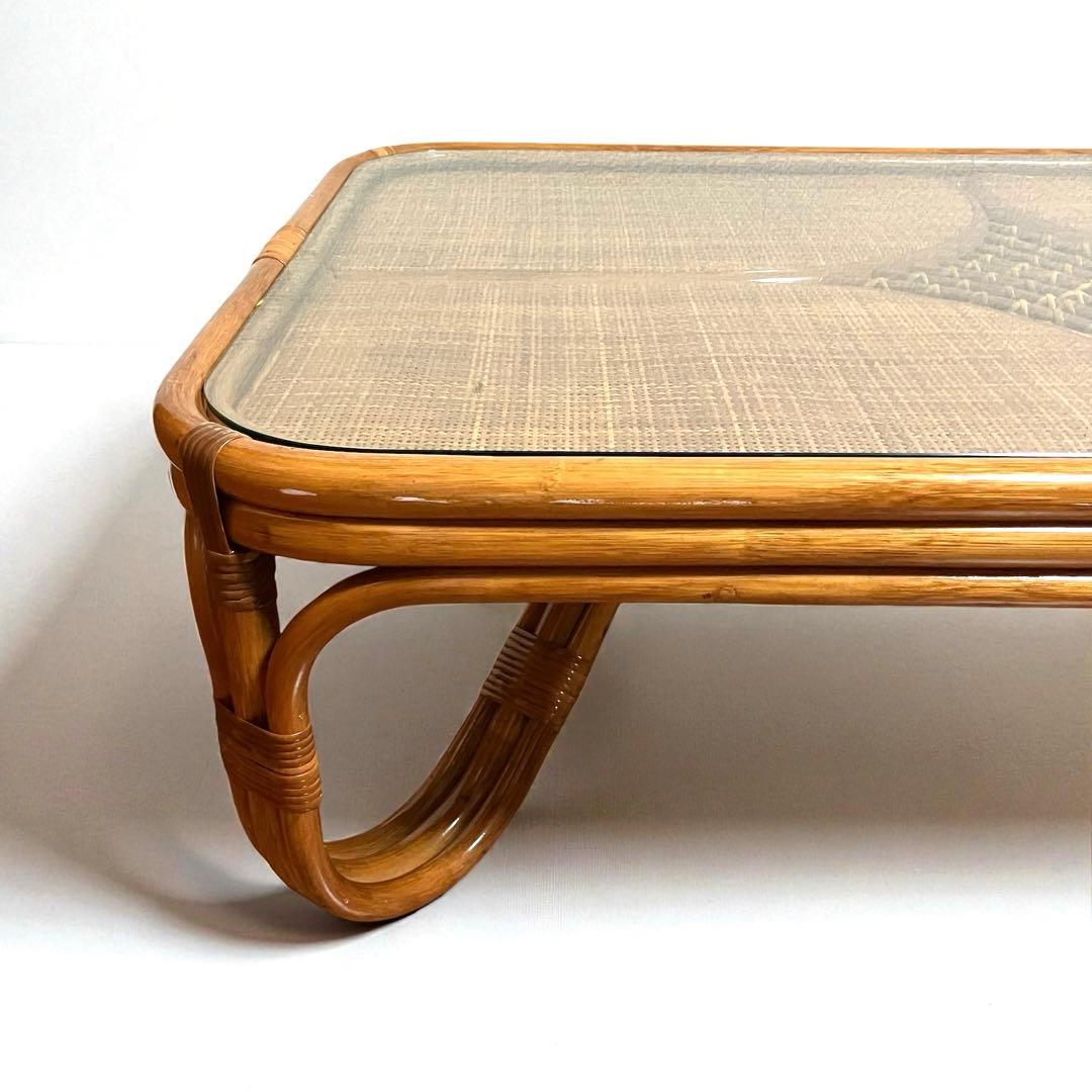 【美品】ラタン製 ローテーブル　センターテーブル　ガラス天板　籐家具　昭和レトロ