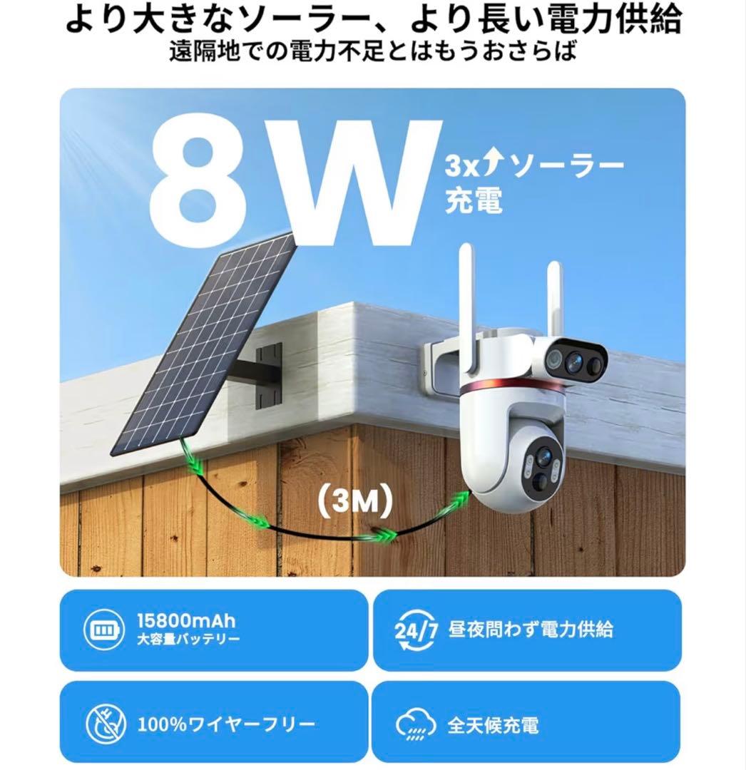 新進化400万超 高画素デュアルカメラ・8W高効率ソーラーパネル 防犯カメラ