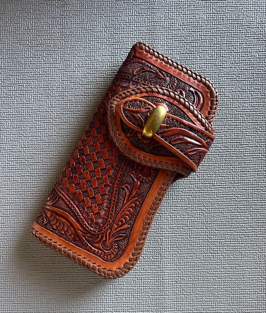 本革　長財布 ハンドメイドレザーカービング　バイカーズウォレットクリスマスセール