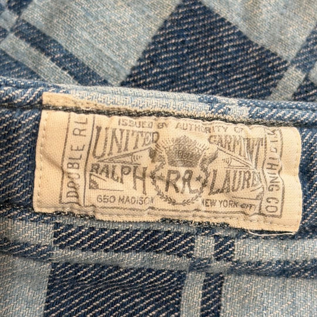 ダブルアールエル ラルフローレン 肉厚デニムシャツ チェック パッチワーク 青系