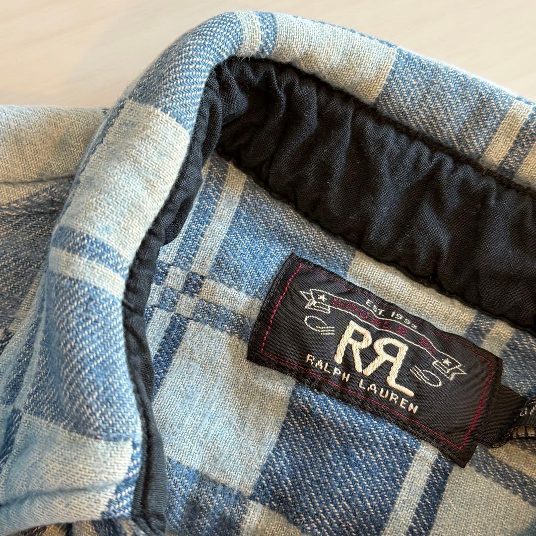 ダブルアールエル ラルフローレン 肉厚デニムシャツ チェック パッチワーク 青系