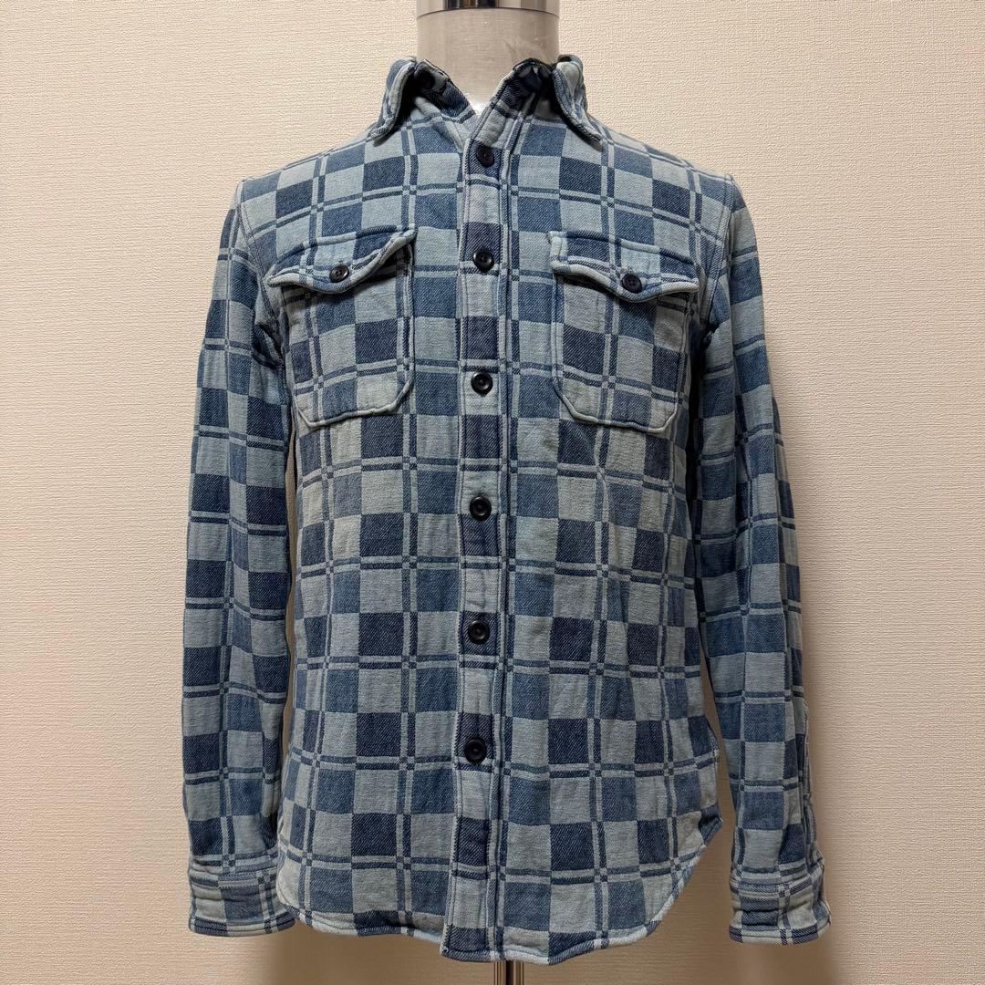 ダブルアールエル ラルフローレン 肉厚デニムシャツ チェック パッチワーク 青系