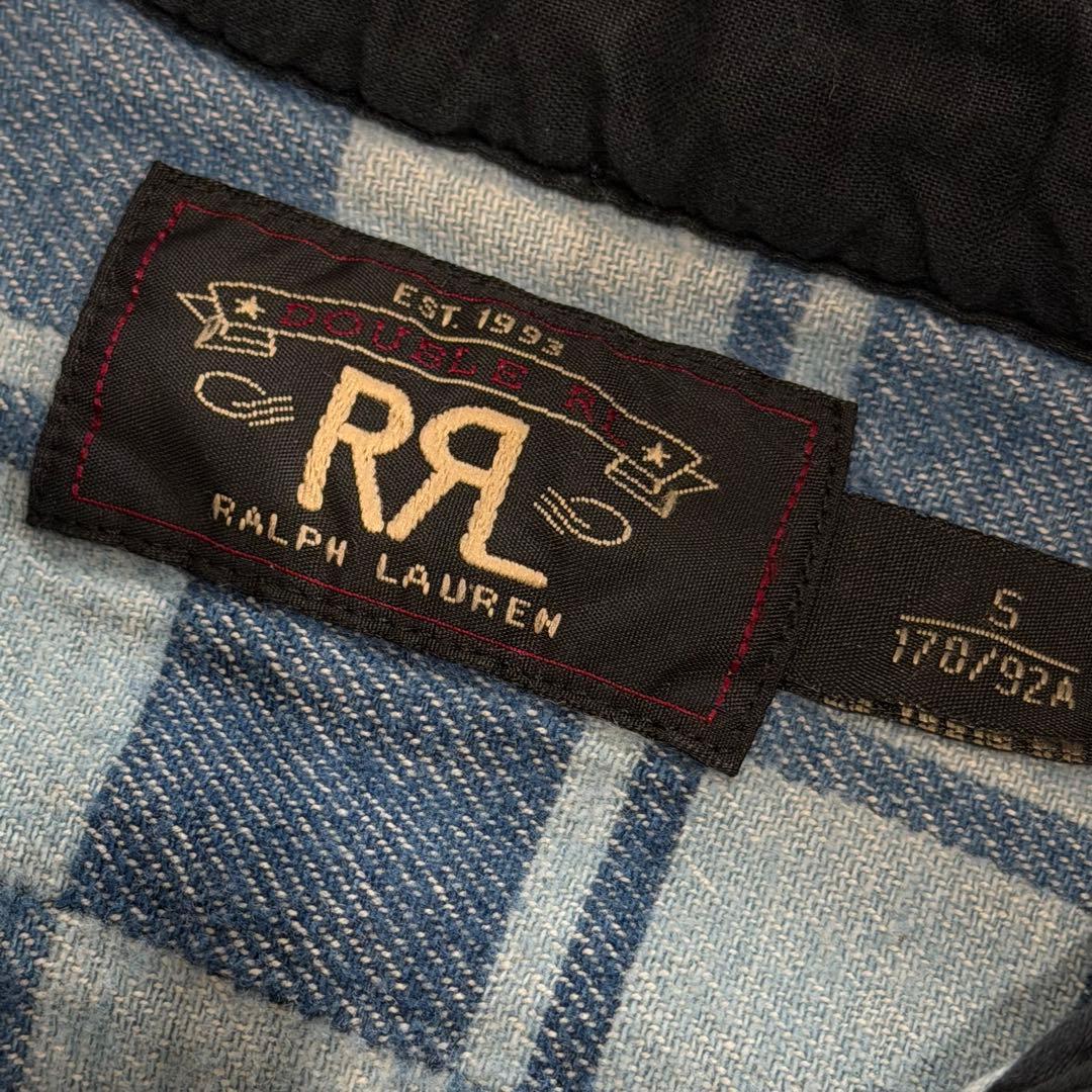 ダブルアールエル ラルフローレン 肉厚デニムシャツ チェック パッチワーク 青系