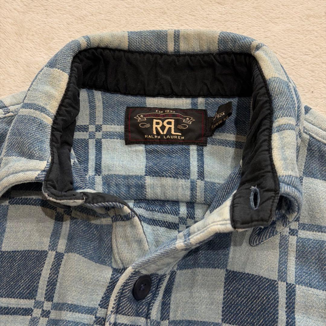 ダブルアールエル ラルフローレン 肉厚デニムシャツ チェック パッチワーク 青系