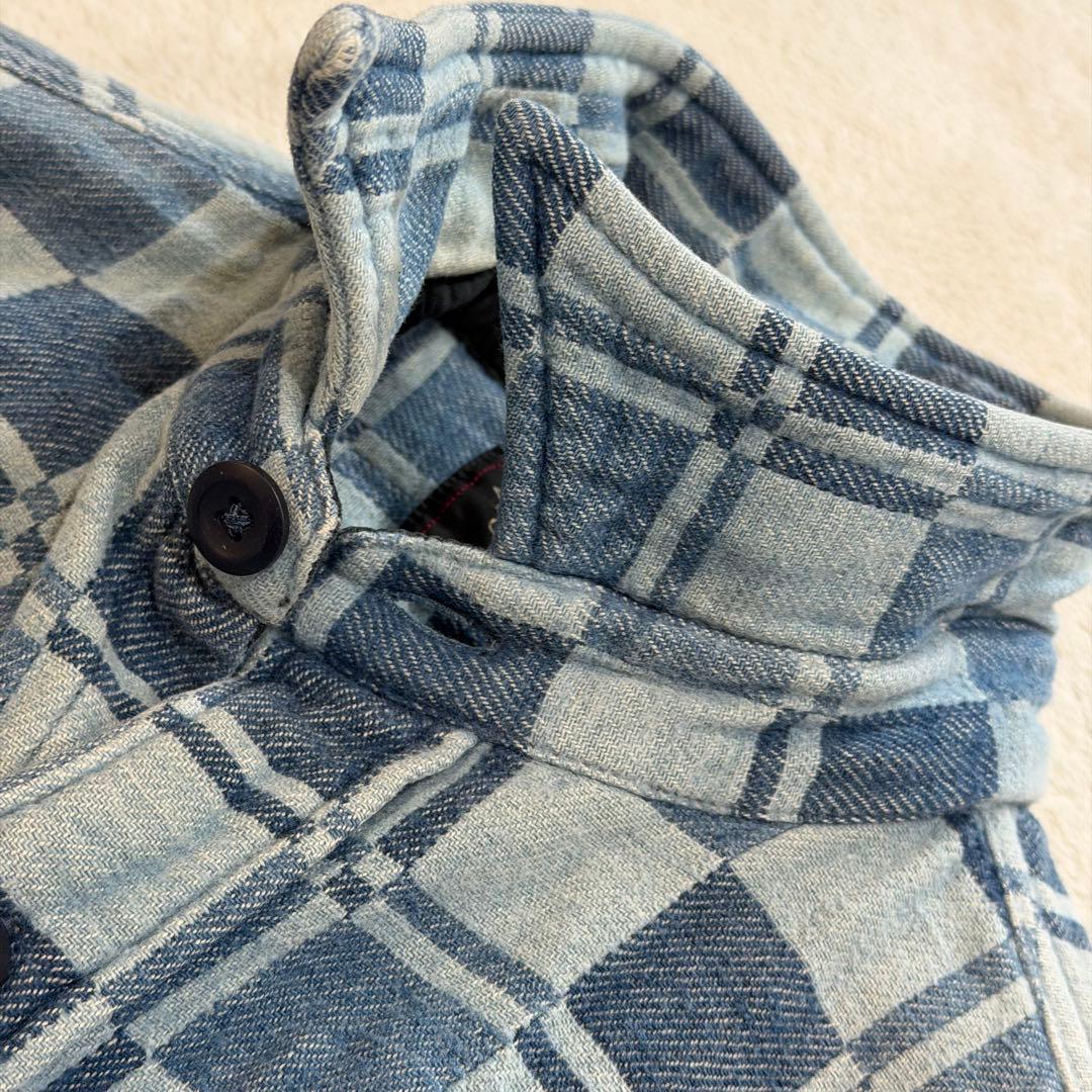 ダブルアールエル ラルフローレン 肉厚デニムシャツ チェック パッチワーク 青系