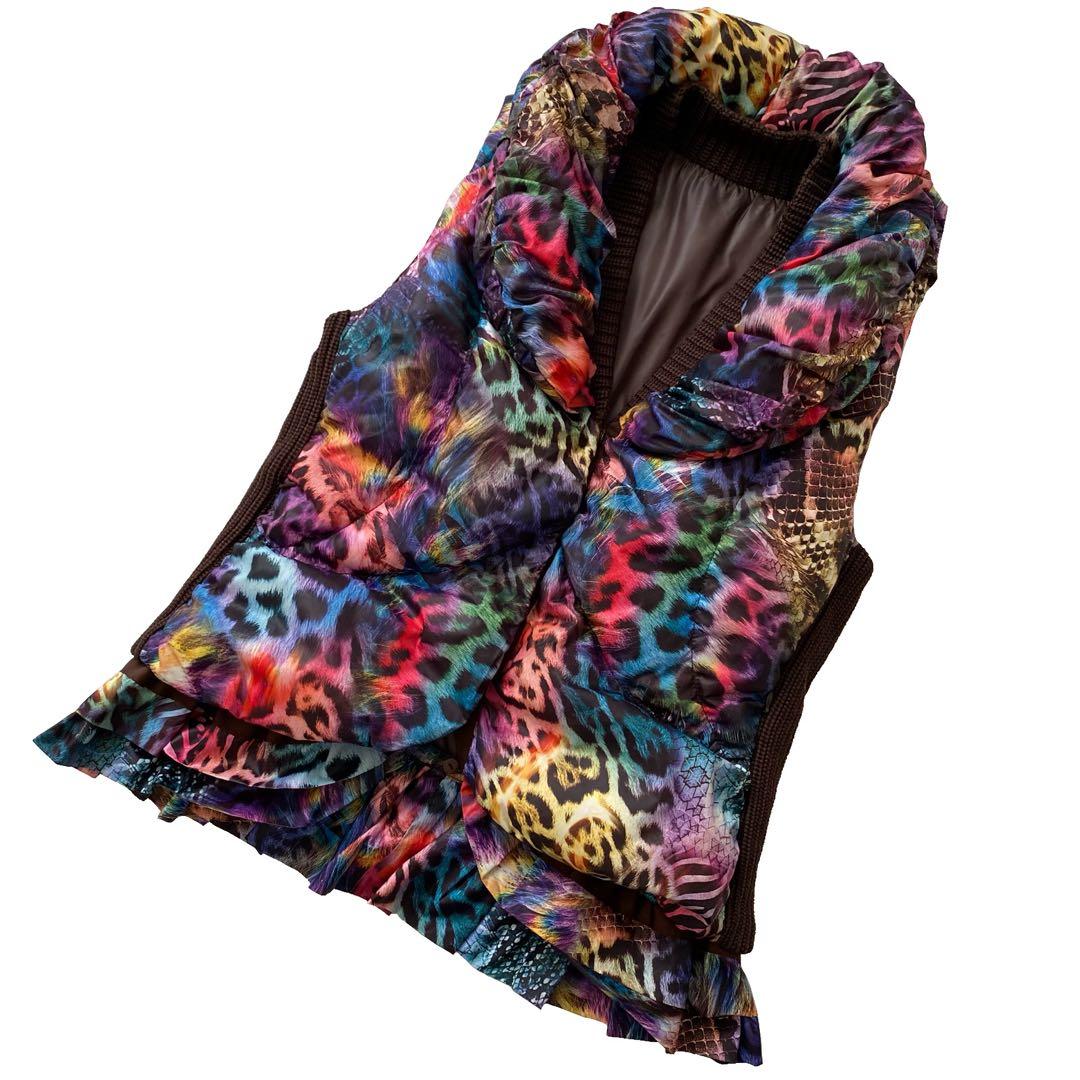 美品 伊太利屋 イタリヤ アニマル柄 ダウン ベスト 11 レインボー ヒョウ柄