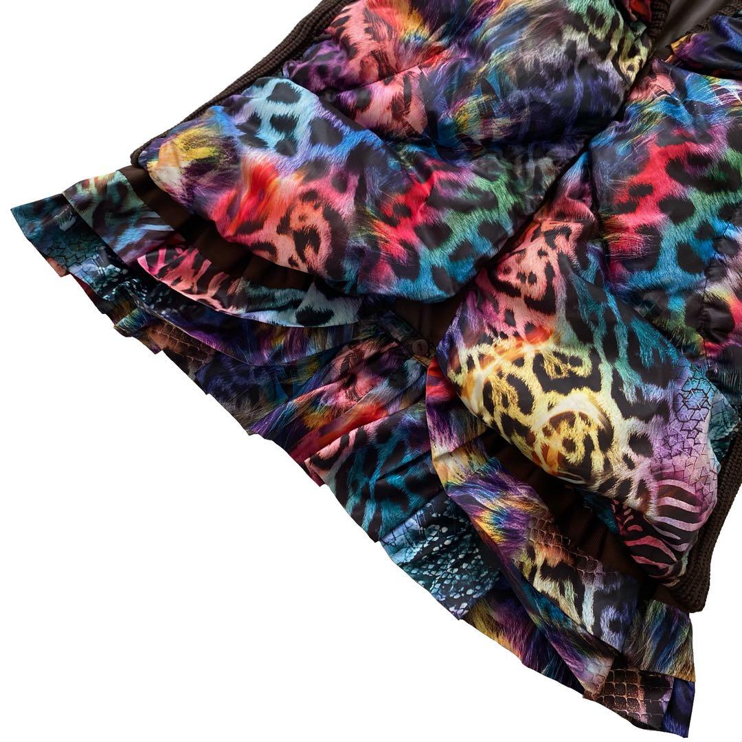 美品 伊太利屋 イタリヤ アニマル柄 ダウン ベスト 11 レインボー ヒョウ柄