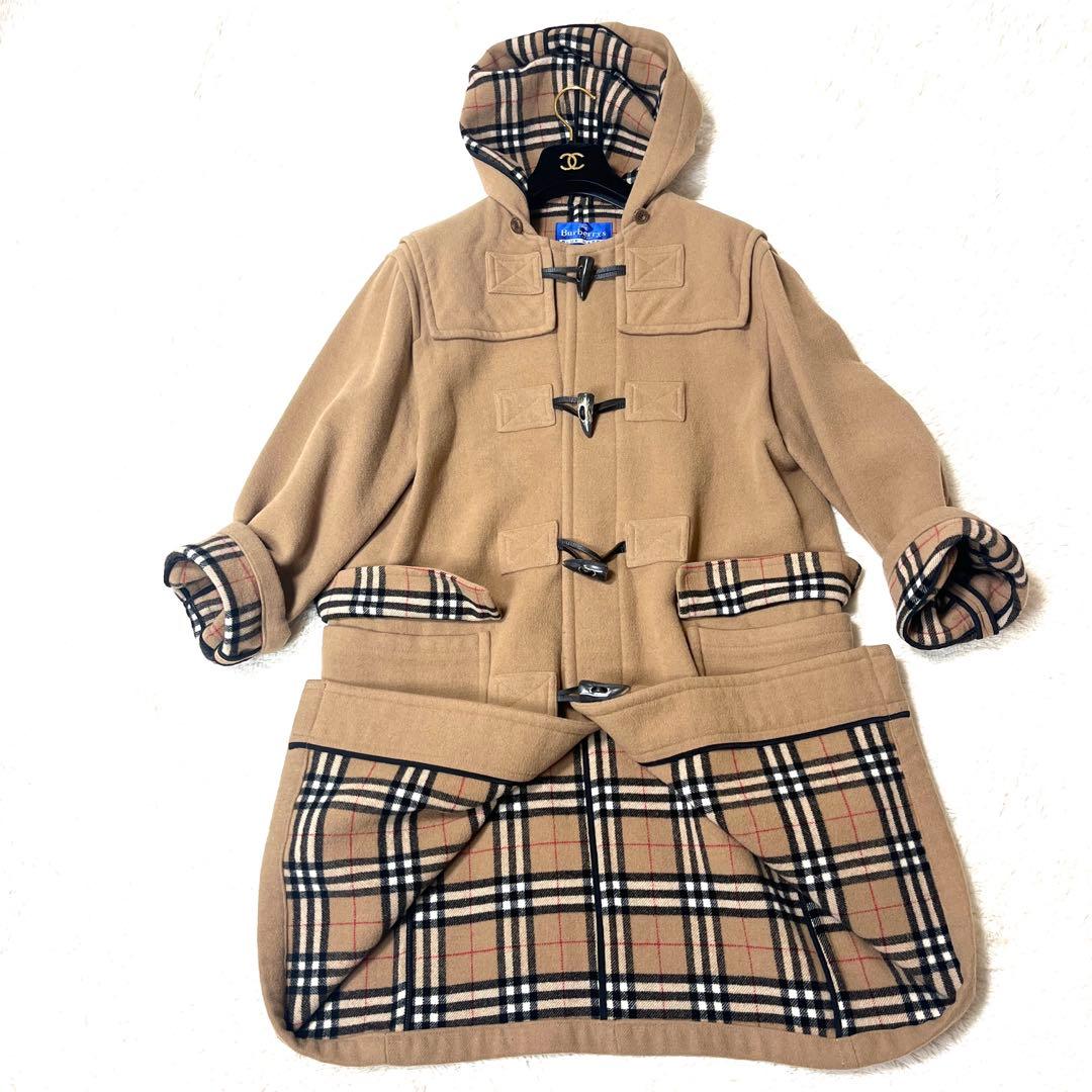 美品☆バーバリーブルーレーベルダッフルコートメガチェック大きいサイズキャメル