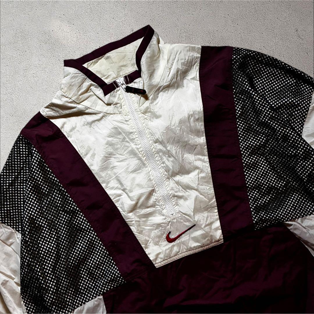 90s NIKEナイロンジャケットハーフジップ刺繍ロゴメッシュバックロゴドローコ