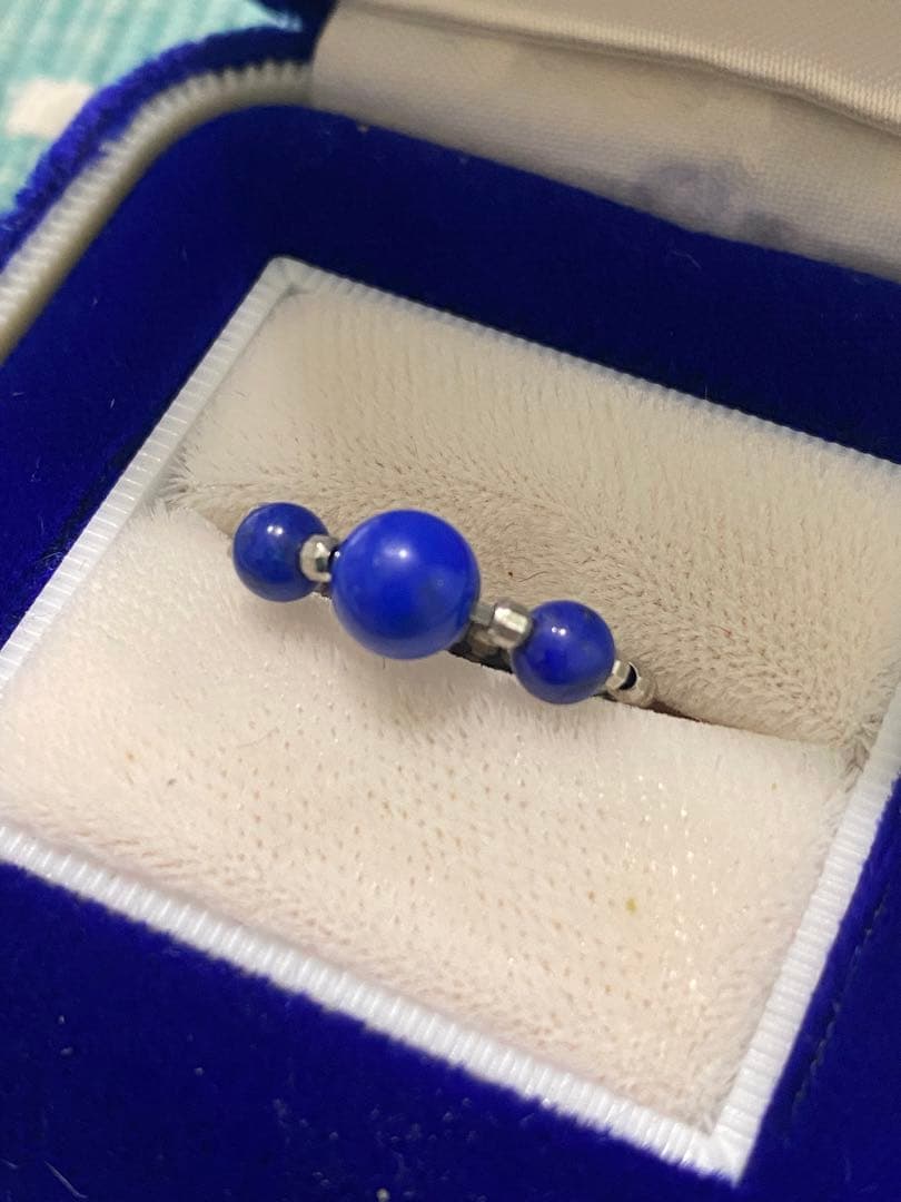 プラチナ　ラピスラズリー ビーズ フリーサイズ リング