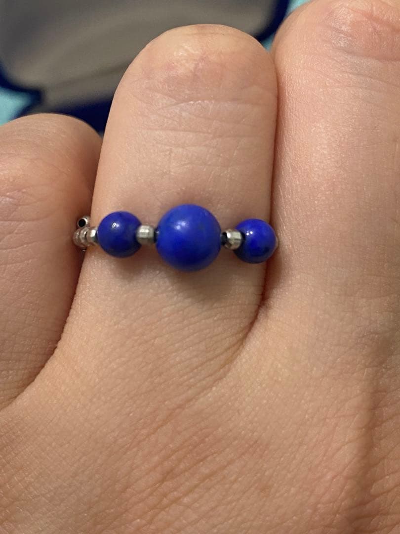 プラチナ　ラピスラズリー ビーズ フリーサイズ リング