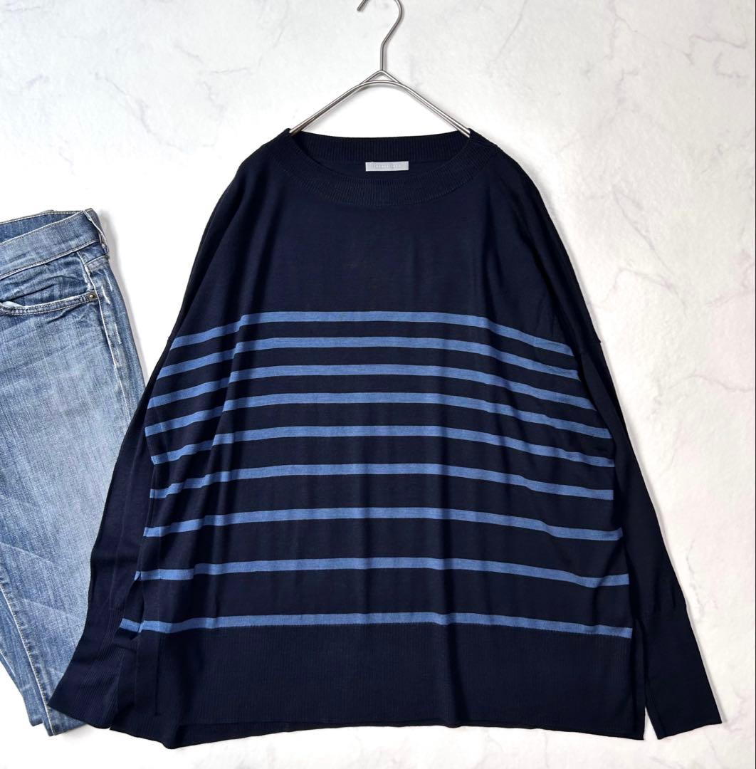 美品 セオリーリュクス ボーダーワイドニット 薄手ウール 定価3.1千円メリノ