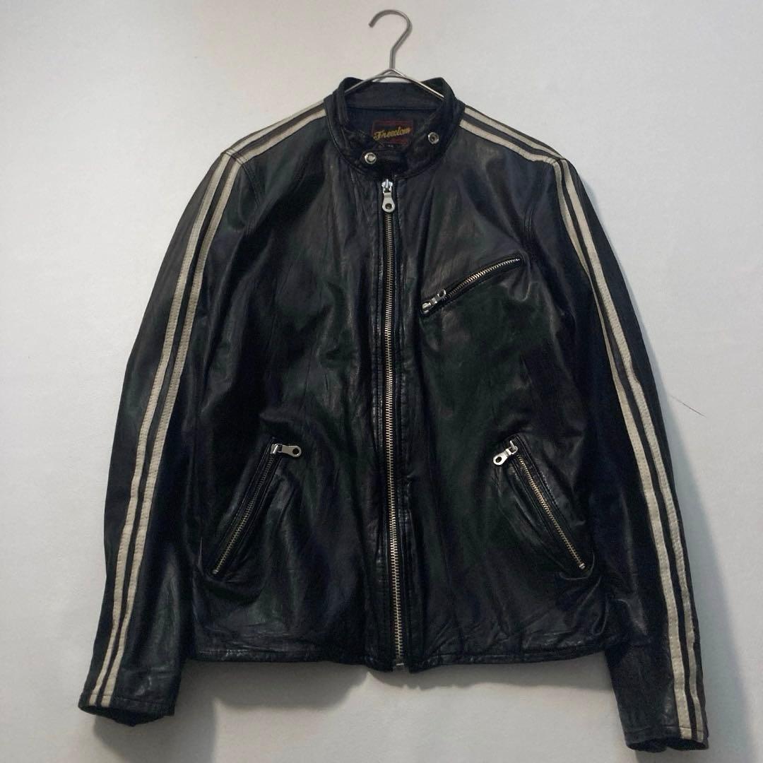 【y2k】フリーダム ライダースジャケット シングル 牛革 38 黒 袖ライン
