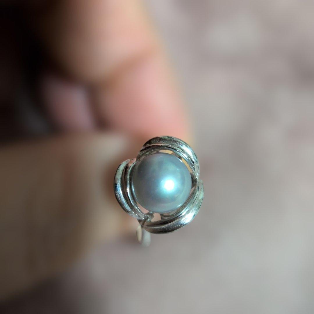 K14WG シルバーリング グレーパールのような　指輪　昭和レトロ