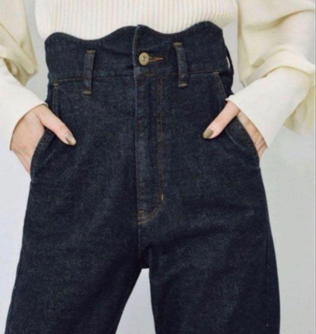 Eaphi ダークデニム short ウェーブデザインハイウエストデニム