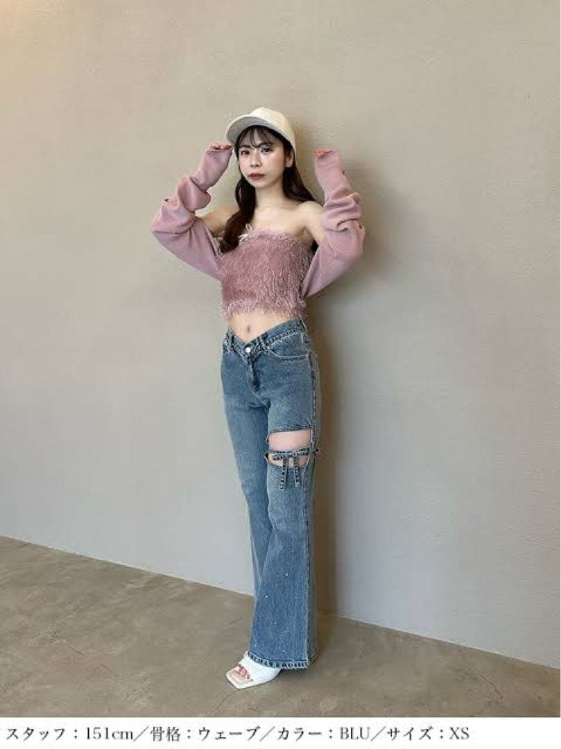 mmeeme エムミーエメ Vラインウエストリボンフレアデニム XS