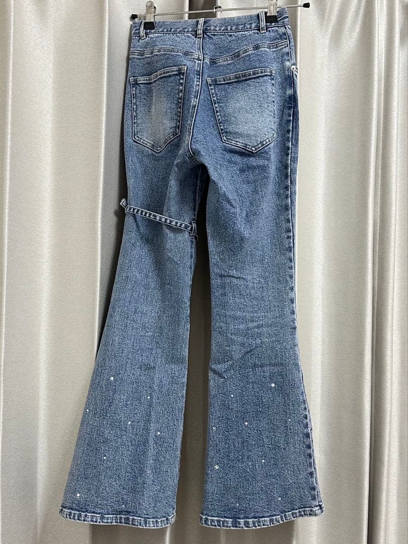 mmeeme エムミーエメ Vラインウエストリボンフレアデニム XS