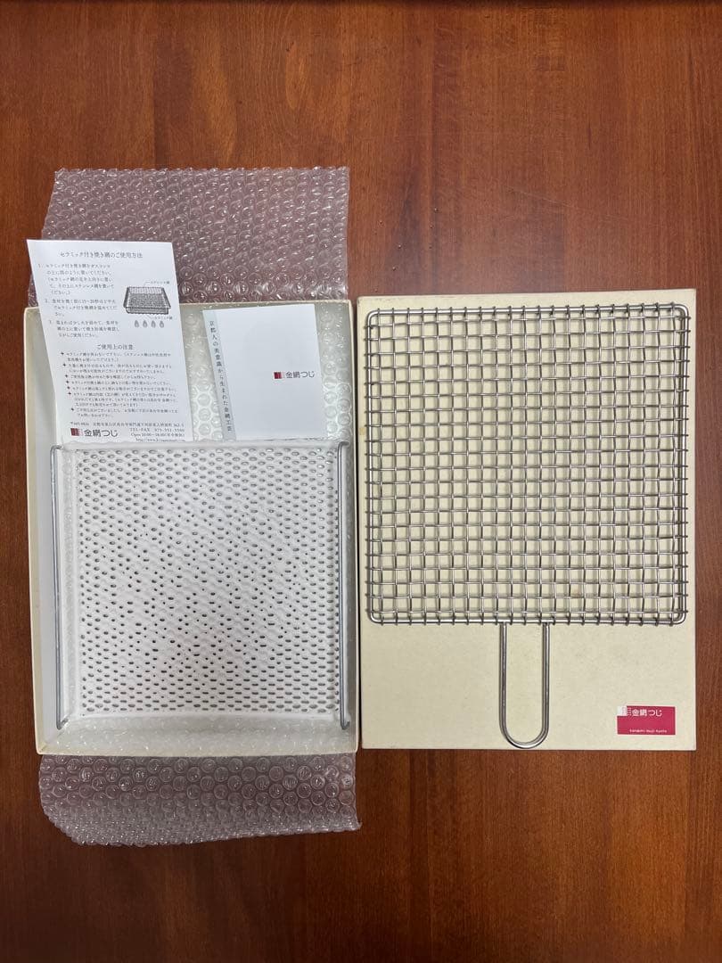 ［未使用］金網つじ　手付きセラミック付き焼き網　大サイズ
