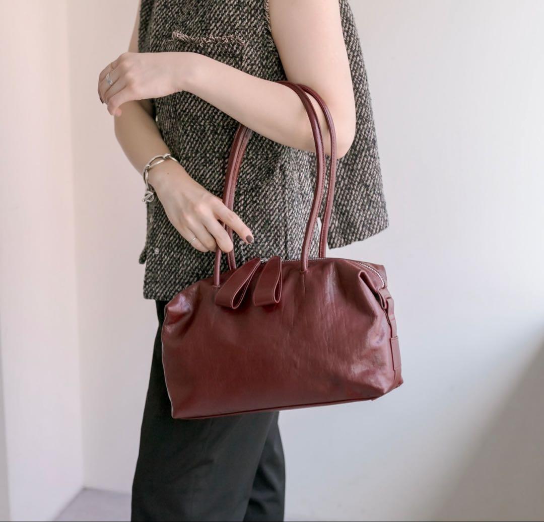 新品 イア パピヨネ ロングハンドルボストンバッグ ボルドー