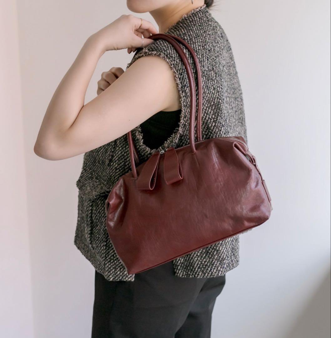 新品 イア パピヨネ ロングハンドルボストンバッグ ボルドー