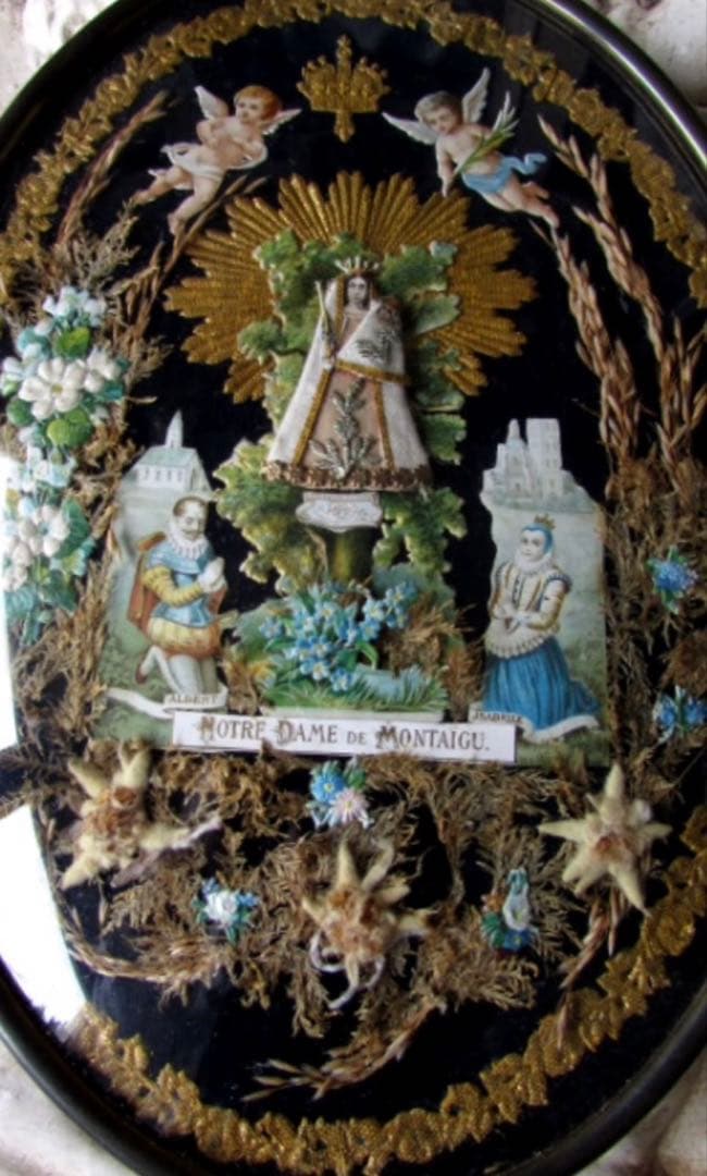 フランスアンティーク　19世紀ベルギーガラス額に美しくデコパージュされたマリア様