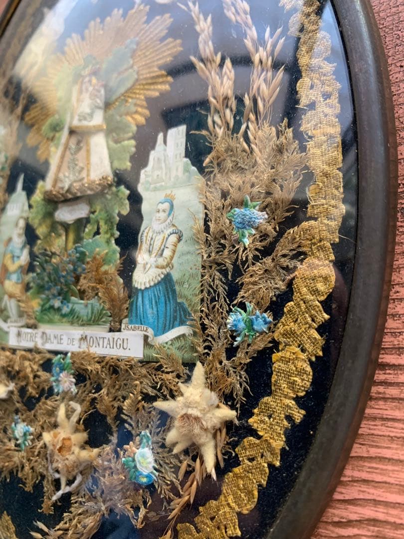 フランスアンティーク　19世紀ベルギーガラス額に美しくデコパージュされたマリア様