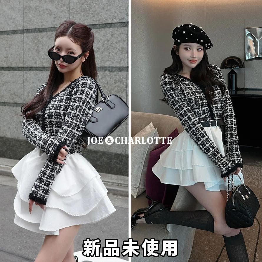 ダーリッチ darich ボリュームフリルツイードニットミニワンピース BLK