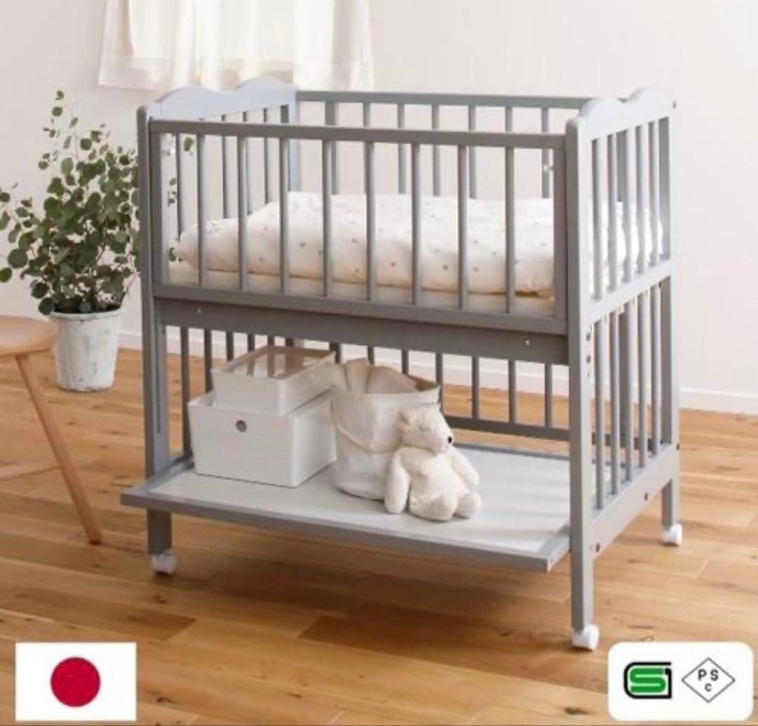 ベビーベッド　日本製　グレー　キンタロー　マットレス2枚付