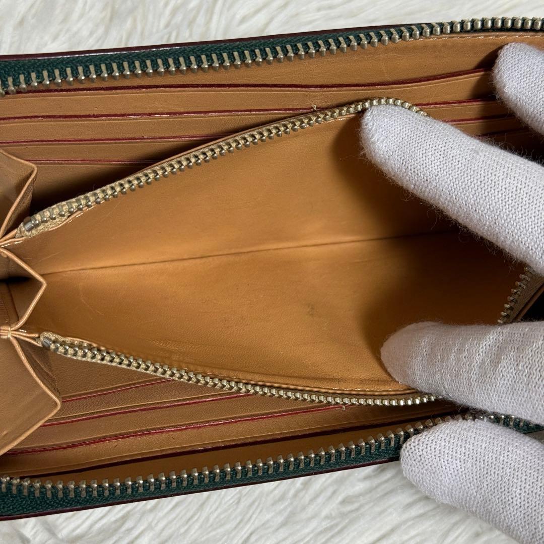 【良品】GANZO コードバン　ラウンドファスナー長財布 ダークグリーン