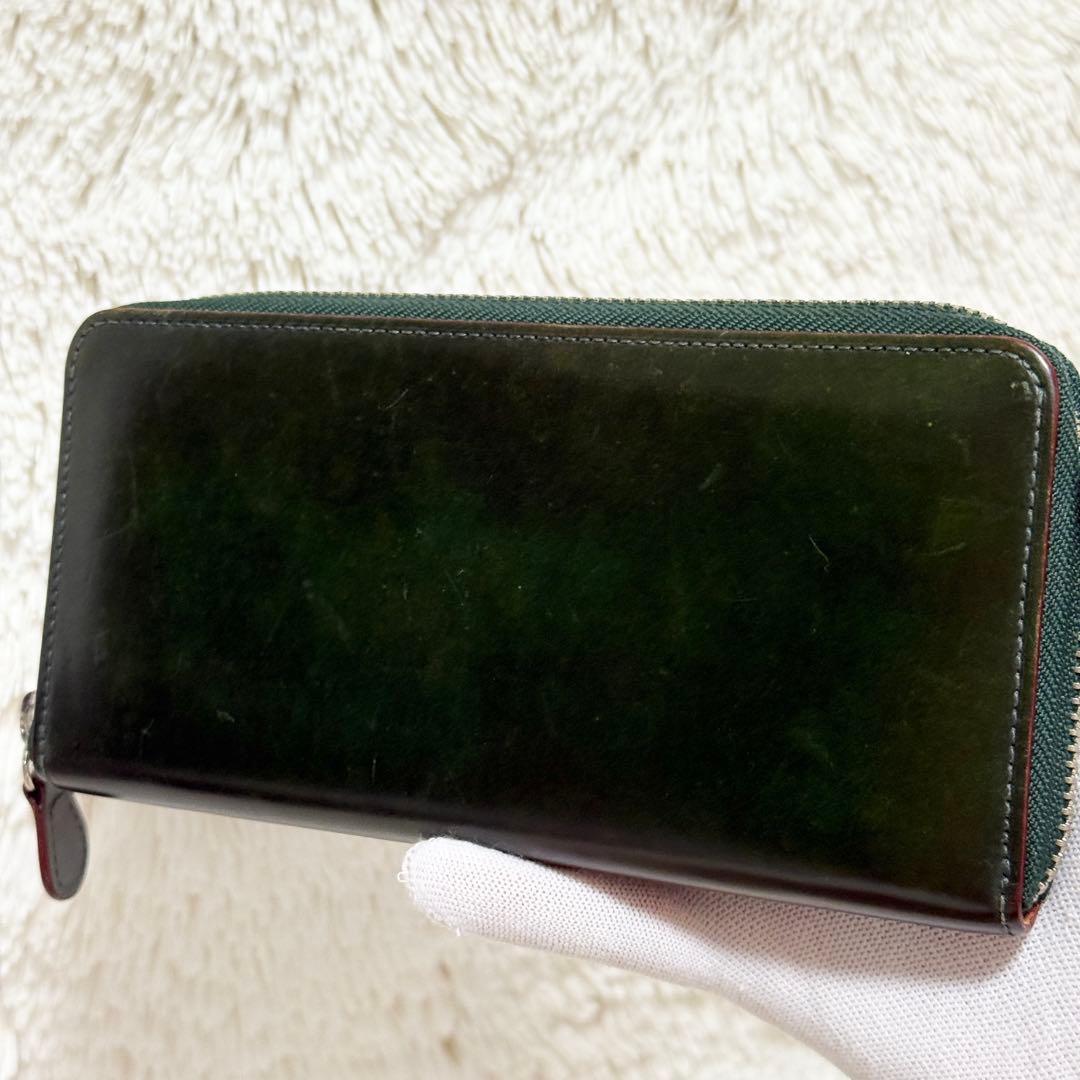 【良品】GANZO コードバン　ラウンドファスナー長財布 ダークグリーン