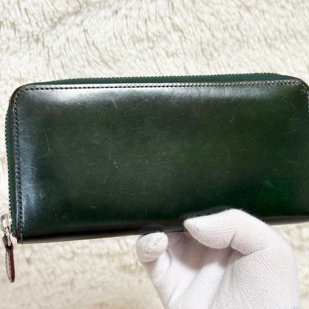【良品】GANZO コードバン　ラウンドファスナー長財布 ダークグリーン
