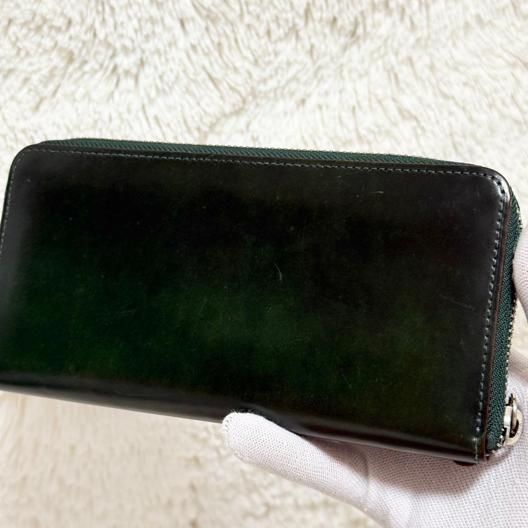 【良品】GANZO コードバン　ラウンドファスナー長財布 ダークグリーン