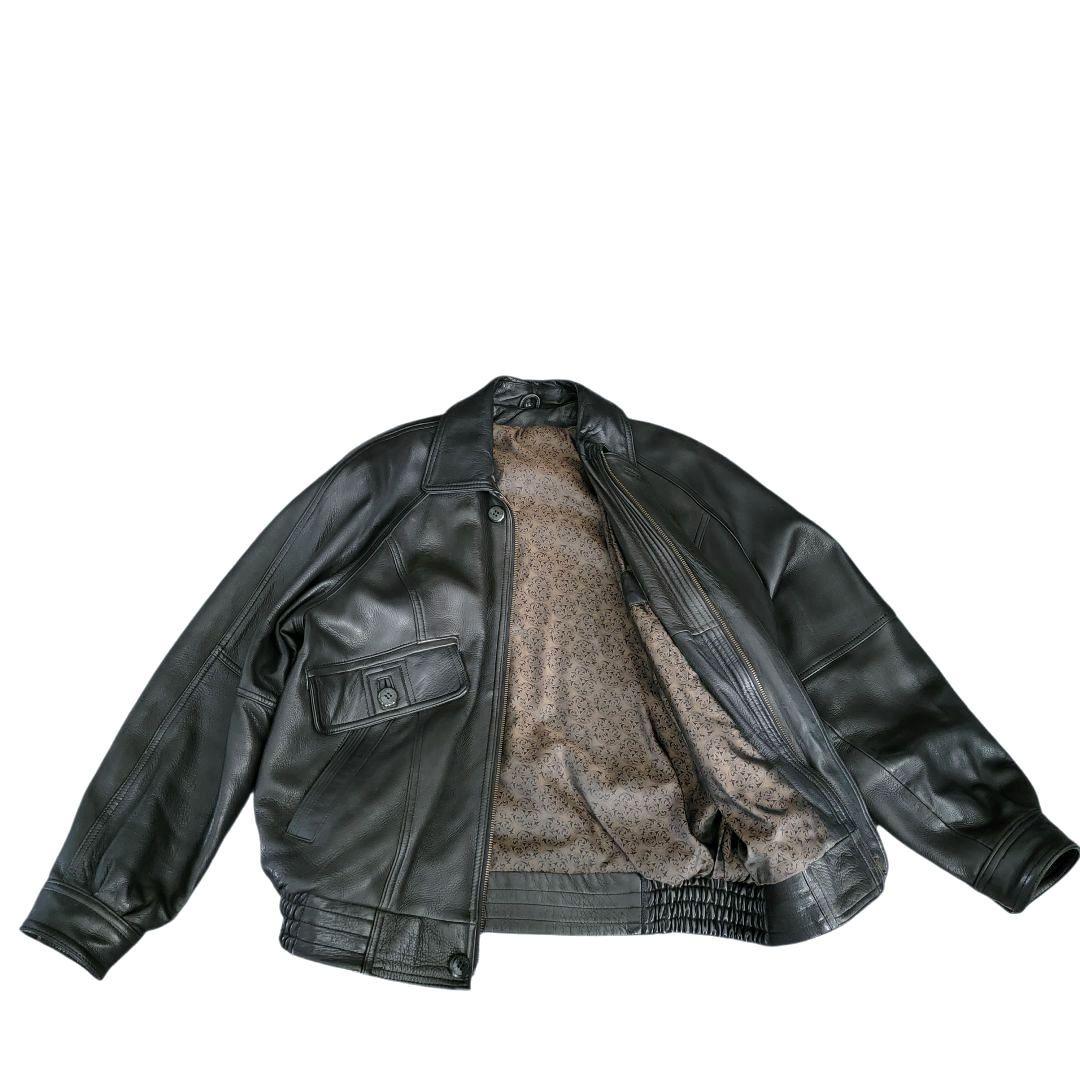 メンズ　鹿革　レザージャケット　裏総柄　 ヴィンテージ　ブラック　LL