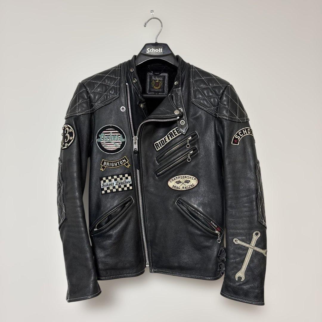 schott 革ジャン　シングル　ダブル　スタンドカラー　ワッペン