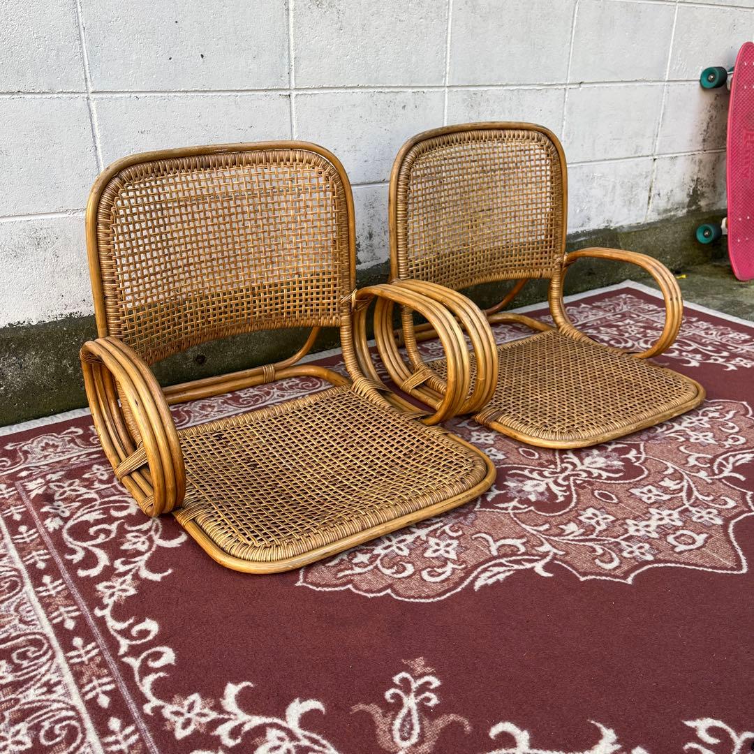 ビンテージ古家具◾️籐ラタン製 肘掛け付き 座椅子 ラタン家具 ナチュラル天然素材