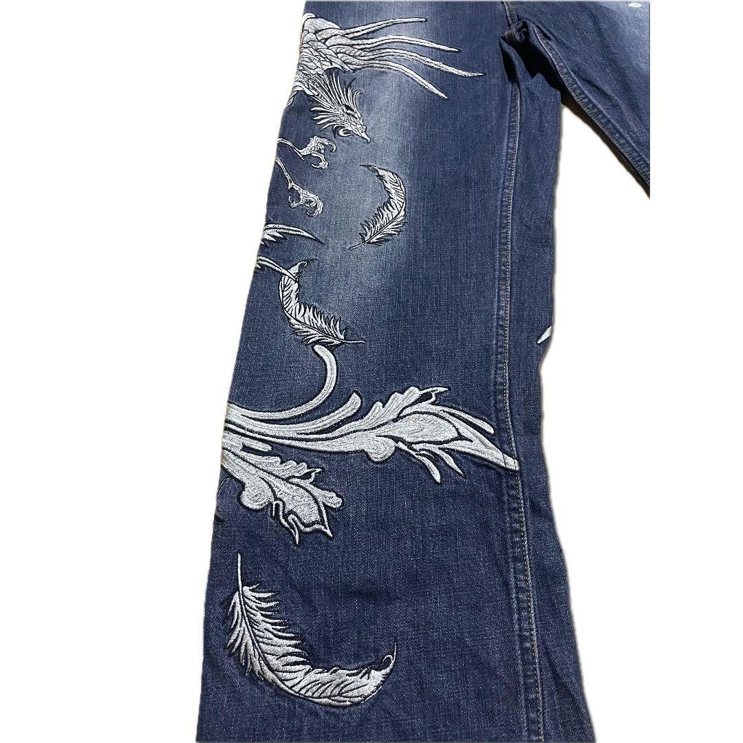 和柄　絡繰魂　鳳凰　刺繍デザイン ワイドレッグデニム　34インチ