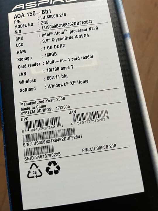 スマホ・タブレット・パソコン acer Aspire one AOA150-BB1