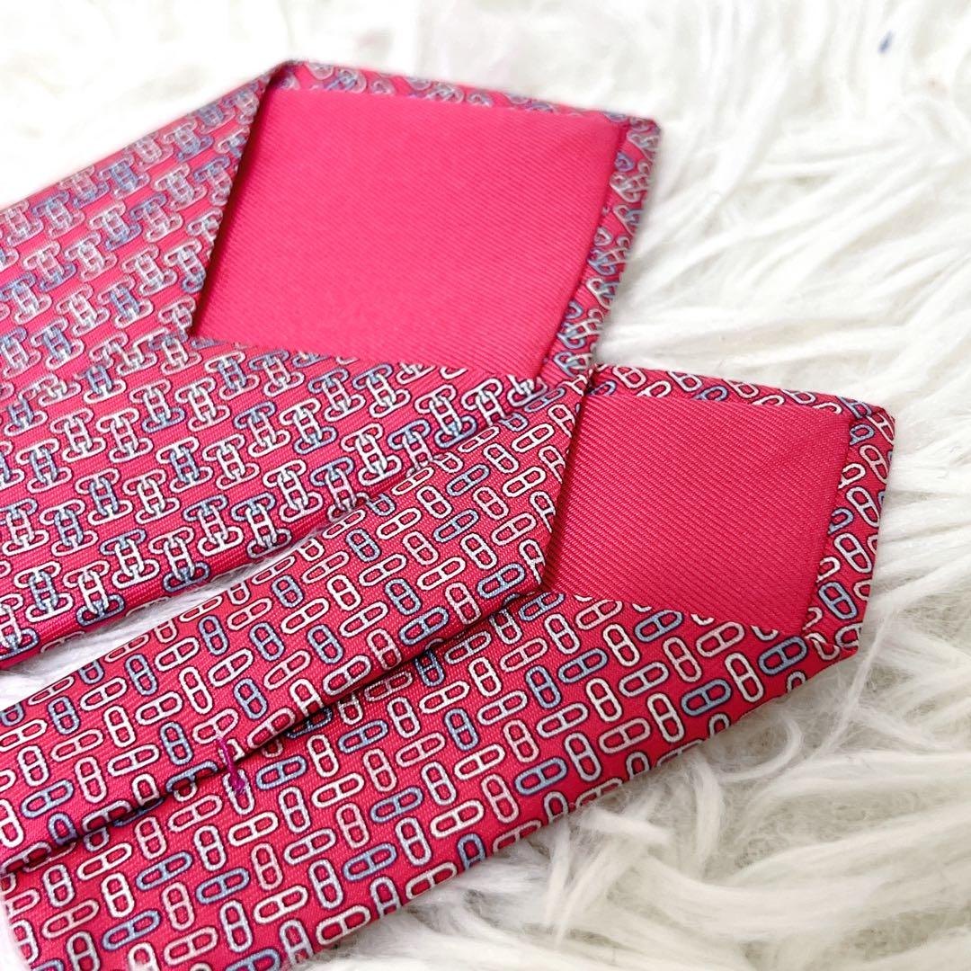 小物 HERMES Silk Tie Pink H Logo Pattern