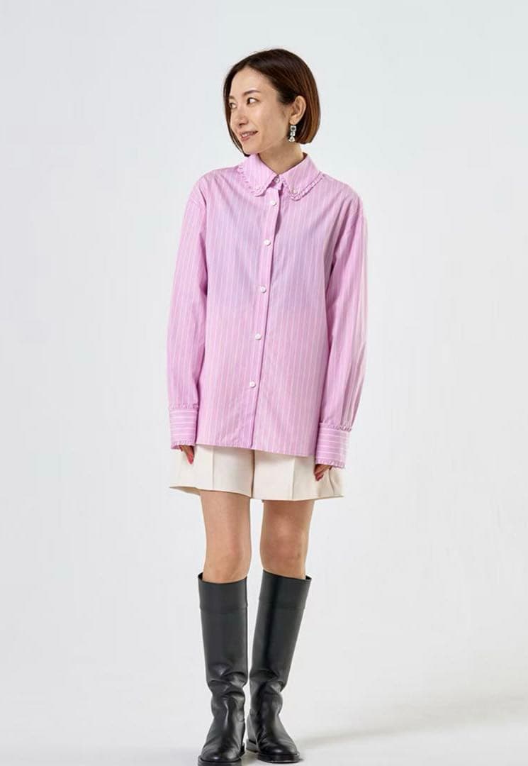 専用yori ストライプ　ブルー　フリル　シャツ　美品　36