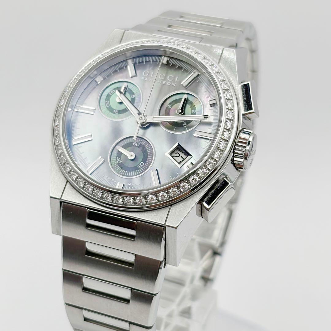 美品　グッチ　シェル文字盤　ダイヤベゼル　メンズ腕時計　パンテオン　クロノグラフ