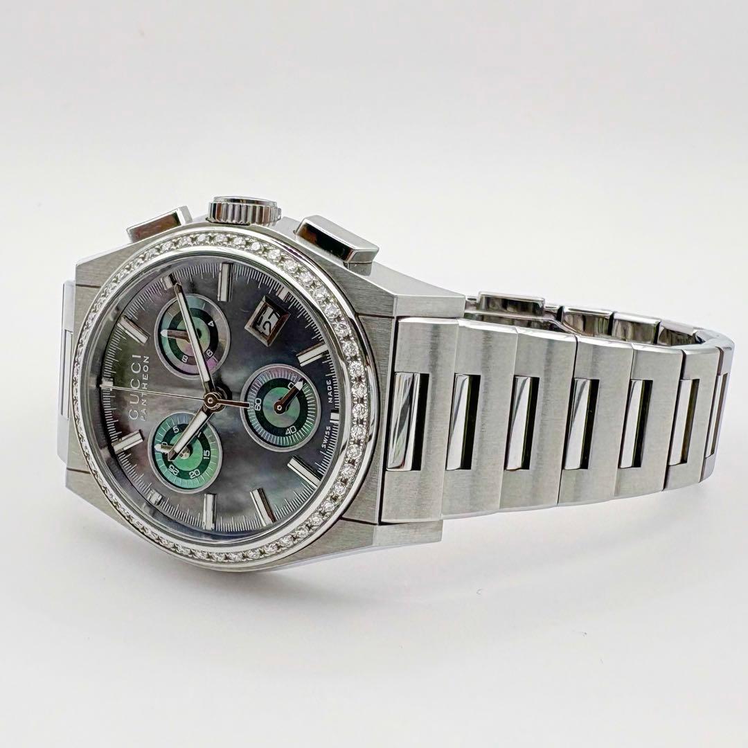 美品　グッチ　シェル文字盤　ダイヤベゼル　メンズ腕時計　パンテオン　クロノグラフ