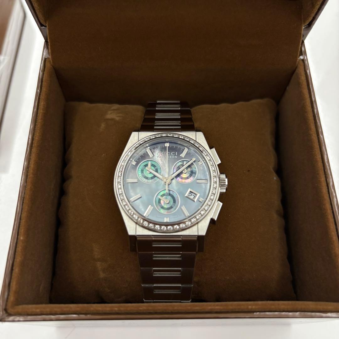 美品　グッチ　シェル文字盤　ダイヤベゼル　メンズ腕時計　パンテオン　クロノグラフ