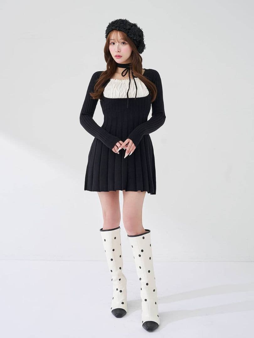 【新品】ダーリッチ ネックリボンデザインフレアニットミニワンピース 黒