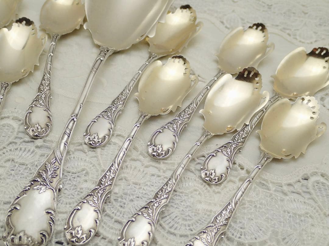 フランスアンティーク 純銀無垢製 アイスクリームスプーン12本とサーバーセット