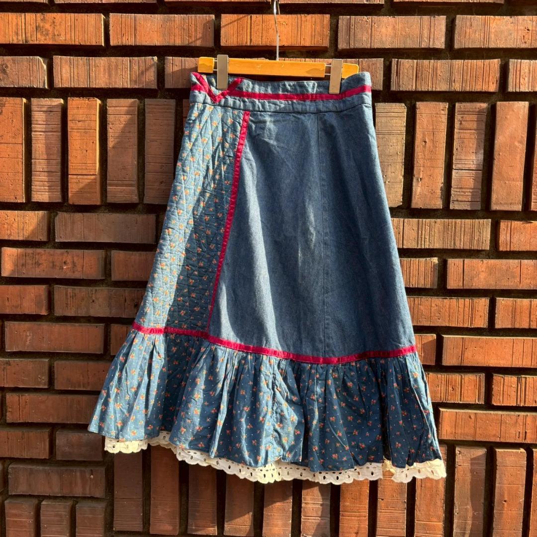 70s vintage gunne sax デニム×キルト スカート　Q267