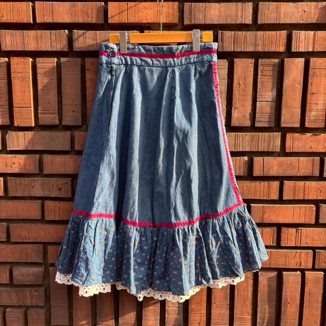 70s vintage gunne sax デニム×キルト スカート　Q267