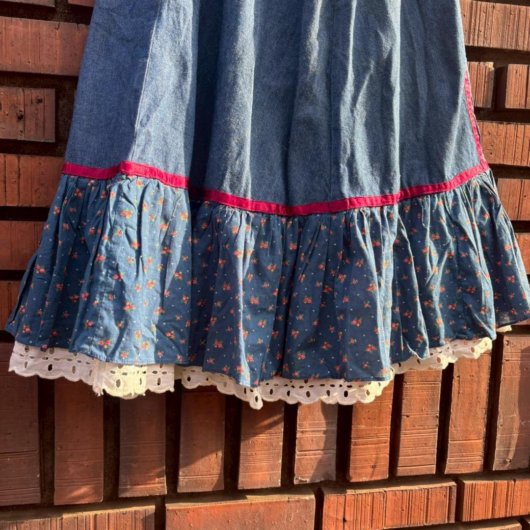 70s vintage gunne sax デニム×キルト スカート　Q267